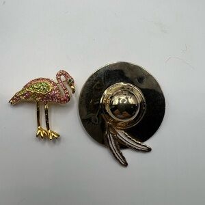 Pink and Green Jeweled Flamingo Brooch - Gold Tone and Hat Brooch
